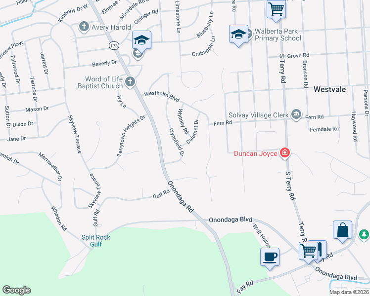 map of restaurants, bars, coffee shops, grocery stores, and more near 121 Calumet Drive in Syracuse