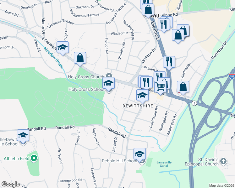 map of restaurants, bars, coffee shops, grocery stores, and more near 107 Paddock Drive in Syracuse
