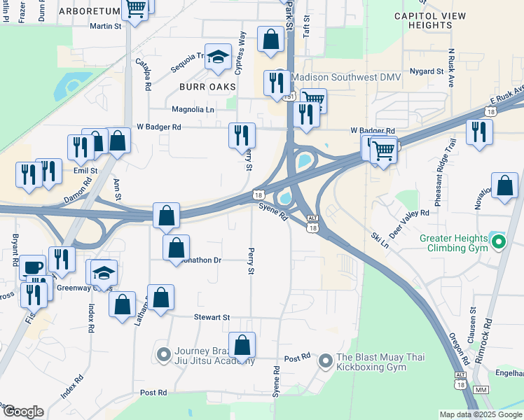 map of restaurants, bars, coffee shops, grocery stores, and more near 2720 Syene Road in Madison