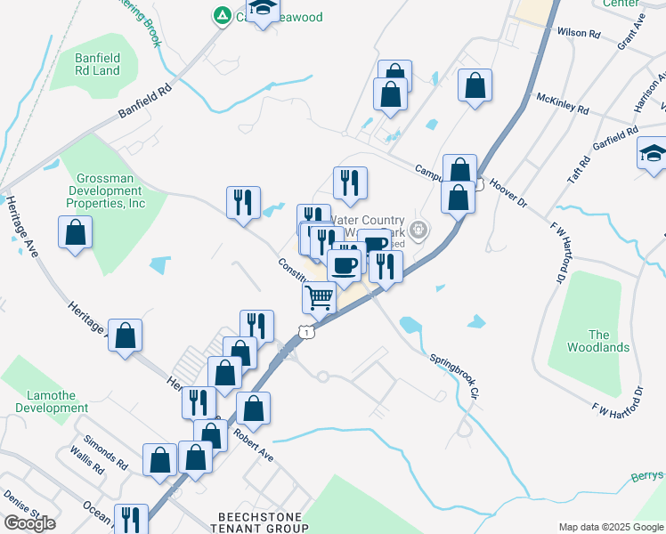map of restaurants, bars, coffee shops, grocery stores, and more near 2454 Lafayette Road in Portsmouth