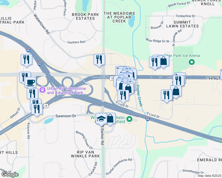 map of restaurants, bars, coffee shops, grocery stores, and more near 20391 U.S. 18 in Brookfield