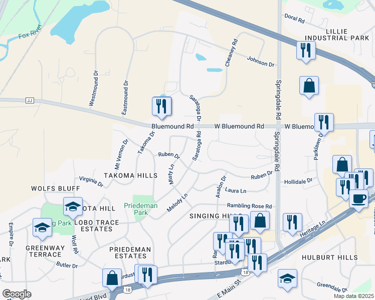 map of restaurants, bars, coffee shops, grocery stores, and more near 2415 Misty Lane in Waukesha