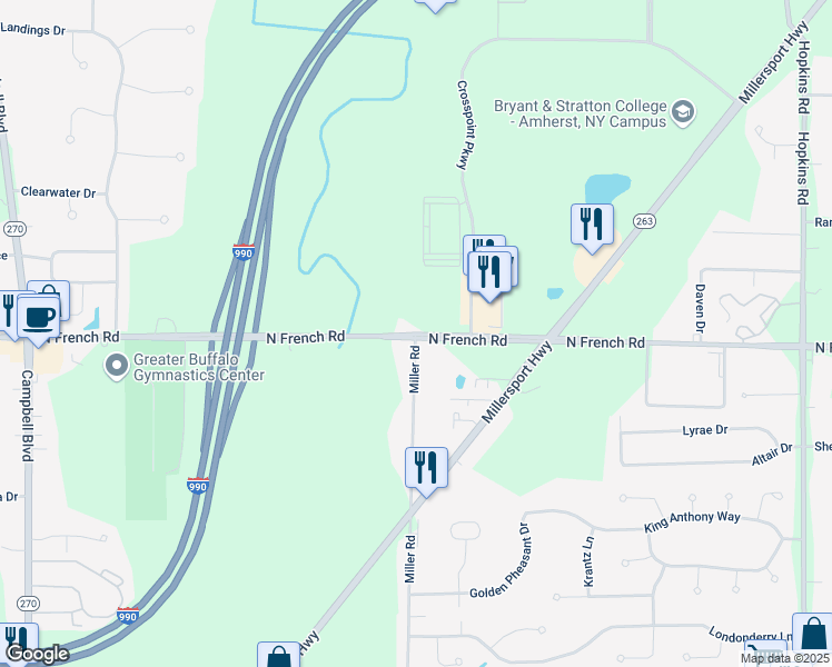 map of restaurants, bars, coffee shops, grocery stores, and more near 1930 North French Road in Getzville