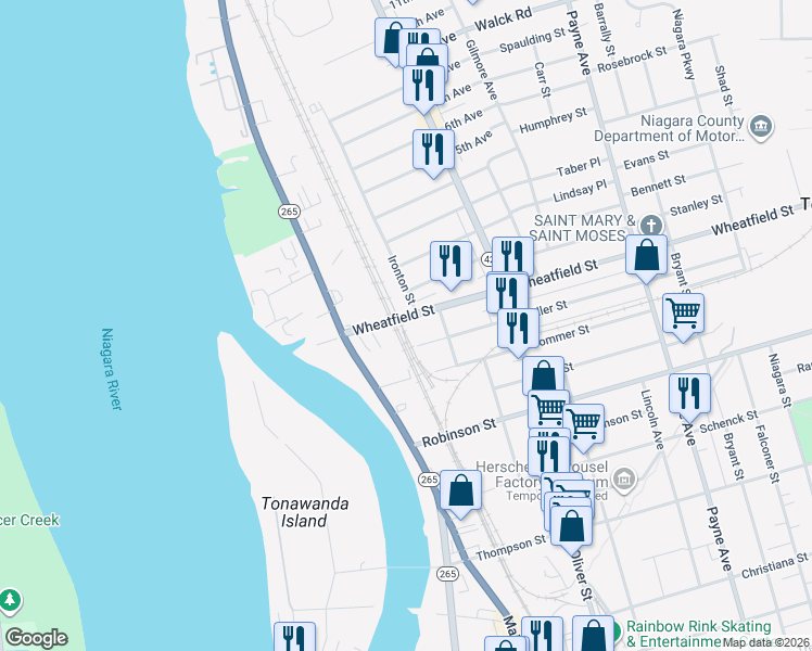 map of restaurants, bars, coffee shops, grocery stores, and more near 69 New York 429 in North Tonawanda