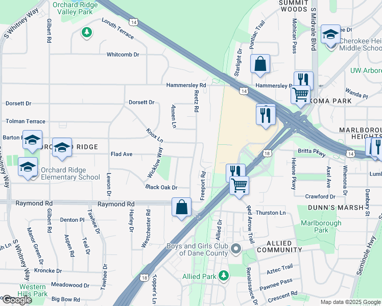 map of restaurants, bars, coffee shops, grocery stores, and more near 1614 Reetz Road in Madison