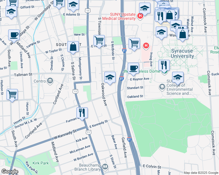 map of restaurants, bars, coffee shops, grocery stores, and more near 416 East Raynor Avenue in Syracuse