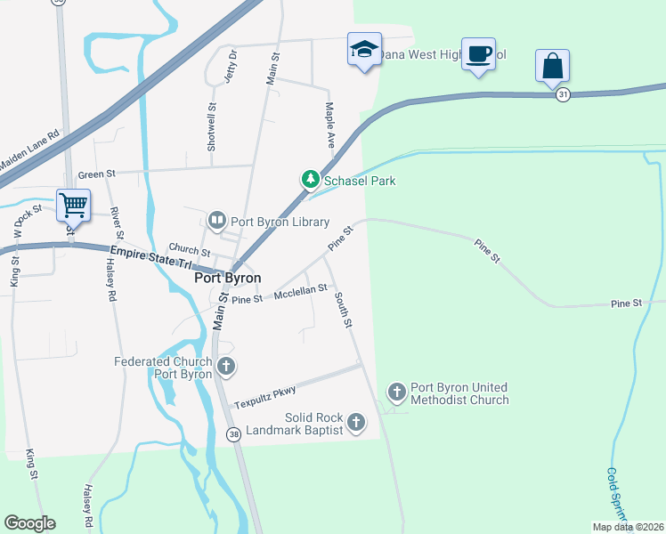map of restaurants, bars, coffee shops, grocery stores, and more near 72 South Street in Port Byron