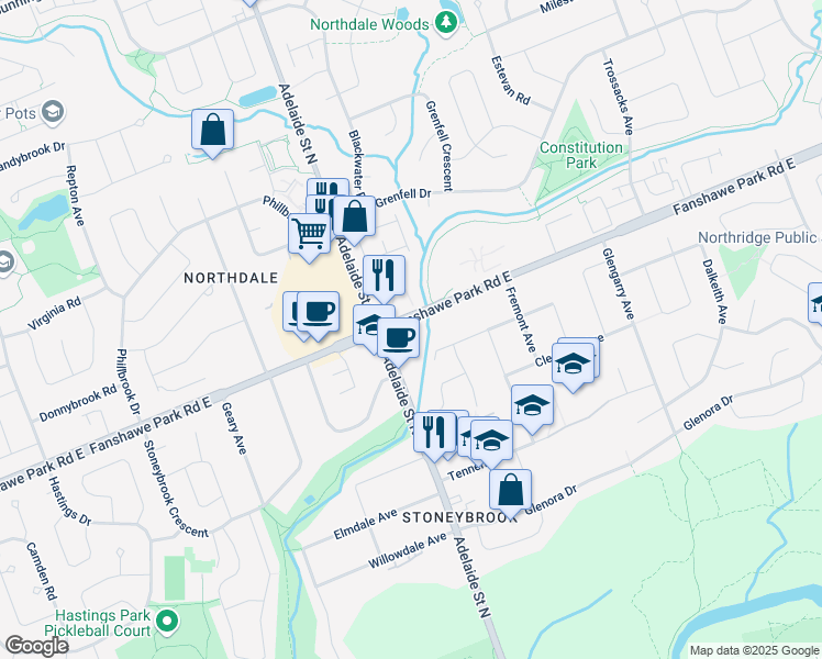 map of restaurants, bars, coffee shops, grocery stores, and more near 629 Fanshawe Park Road East in London