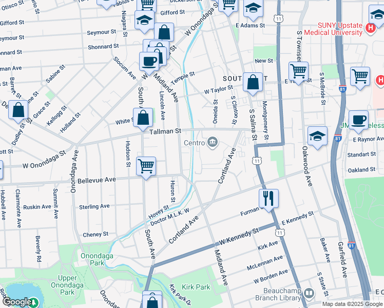 map of restaurants, bars, coffee shops, grocery stores, and more near 441 Midland Avenue in Syracuse