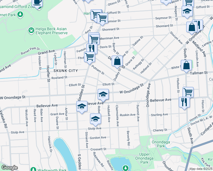 map of restaurants, bars, coffee shops, grocery stores, and more near 219 Elliott Street in Syracuse