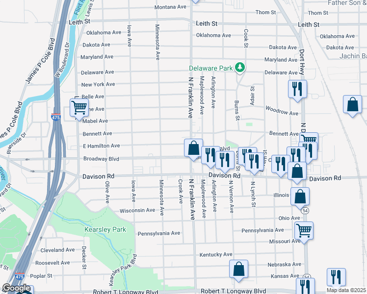 map of restaurants, bars, coffee shops, grocery stores, and more near 2015 North Franklin Avenue in Flint