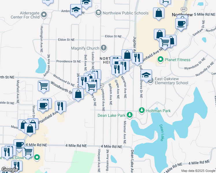 map of restaurants, bars, coffee shops, grocery stores, and more near 3970 Plainfield Avenue Northeast in Grand Rapids