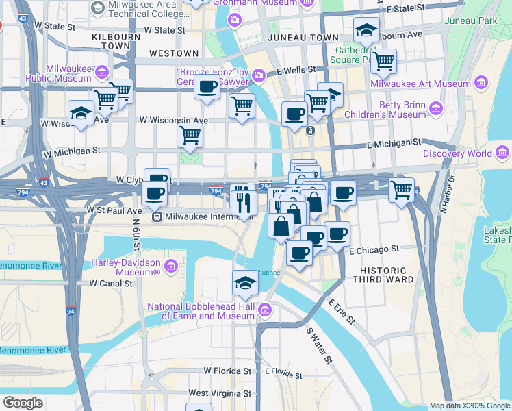 map of restaurants, bars, coffee shops, grocery stores, and more near 406 North Plankinton Avenue in Milwaukee