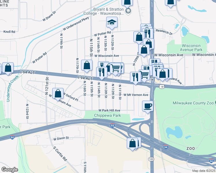 map of restaurants, bars, coffee shops, grocery stores, and more near 343 North 112th Street in Wauwatosa