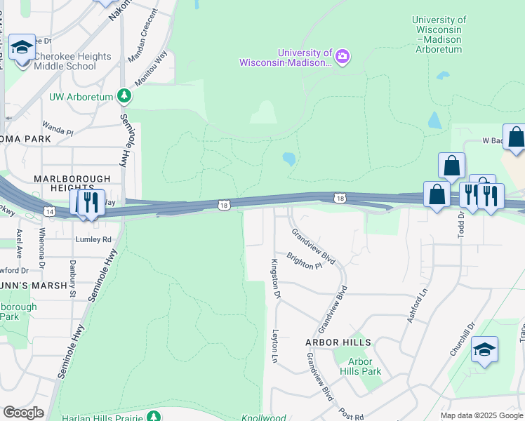 map of restaurants, bars, coffee shops, grocery stores, and more near 2802 Kingston Drive in Madison