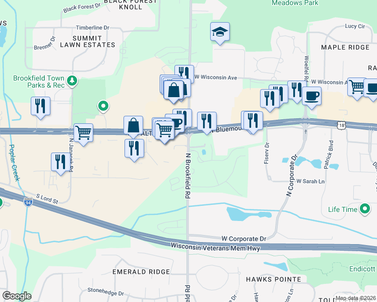 map of restaurants, bars, coffee shops, grocery stores, and more near 19630 Brookfield Lake Drive in Brookfield