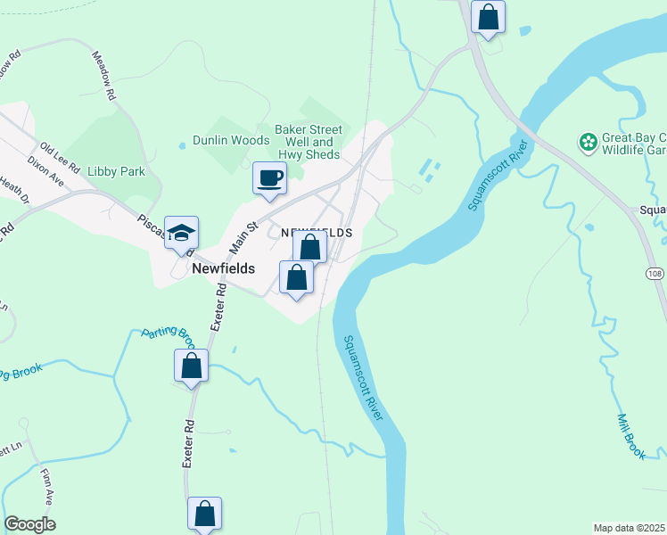 map of restaurants, bars, coffee shops, grocery stores, and more near 34 Railroad Avenue in Newfields