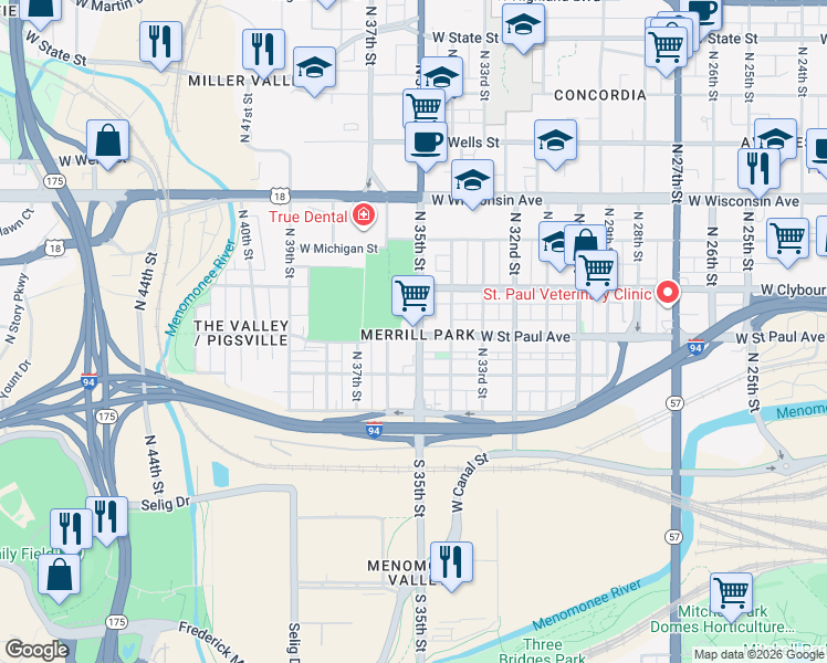 map of restaurants, bars, coffee shops, grocery stores, and more near 3510 West Saint Paul Avenue in Milwaukee