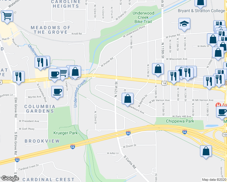 map of restaurants, bars, coffee shops, grocery stores, and more near 333 North 121st Street in Wauwatosa
