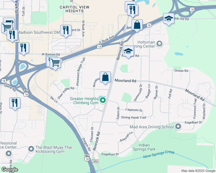 map of restaurants, bars, coffee shops, grocery stores, and more near 2524 Rimrock Road in Madison