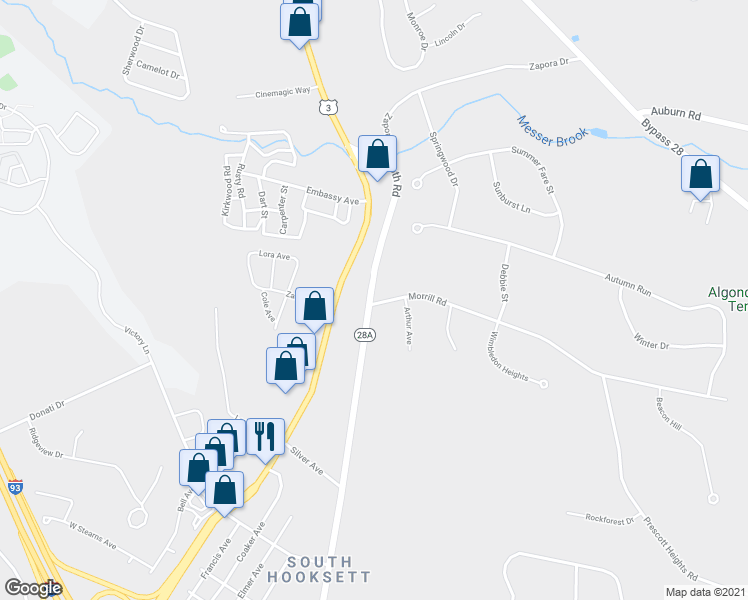map of restaurants, bars, coffee shops, grocery stores, and more near 2 Morrill Road in Hooksett