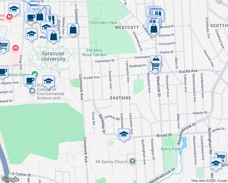 map of restaurants, bars, coffee shops, grocery stores, and more near 855 Sumner Avenue in Syracuse