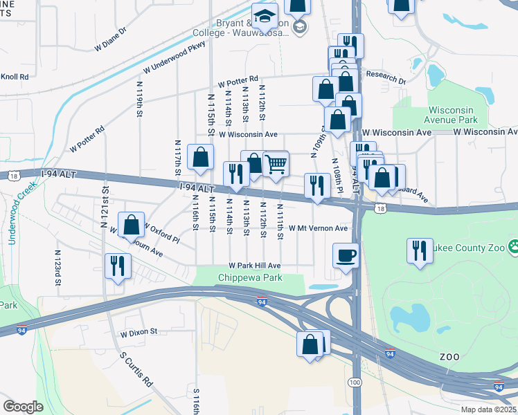 map of restaurants, bars, coffee shops, grocery stores, and more near 343 North 112th Street in Wauwatosa