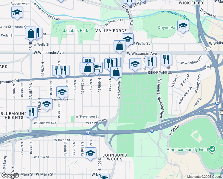map of restaurants, bars, coffee shops, grocery stores, and more near 336 North 59th Street in Milwaukee