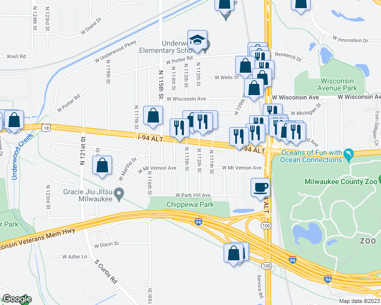 map of restaurants, bars, coffee shops, grocery stores, and more near 343 North 112th Street in Wauwatosa
