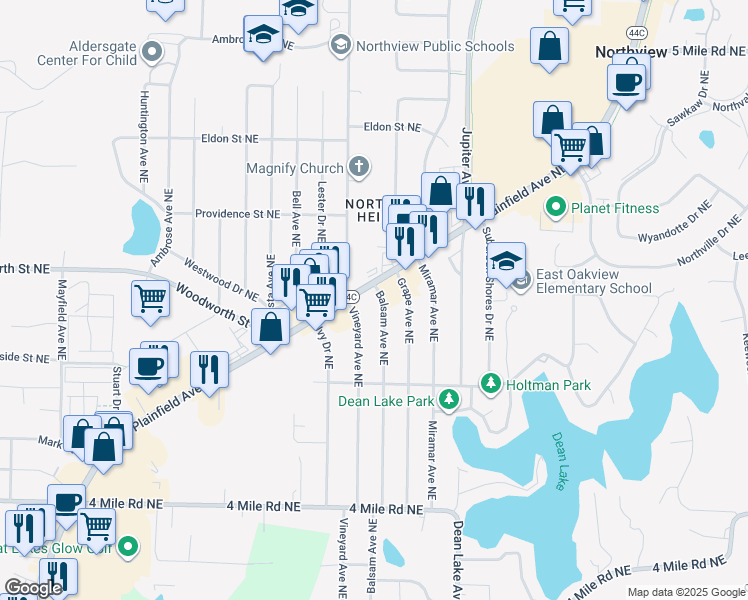 map of restaurants, bars, coffee shops, grocery stores, and more near 3970 Plainfield Avenue Northeast in Grand Rapids