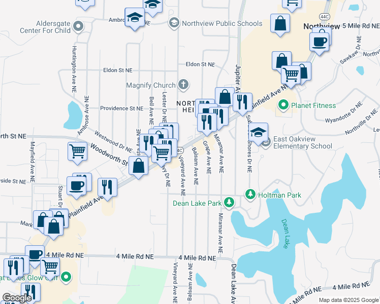 map of restaurants, bars, coffee shops, grocery stores, and more near 3970 Plainfield Avenue Northeast in Grand Rapids