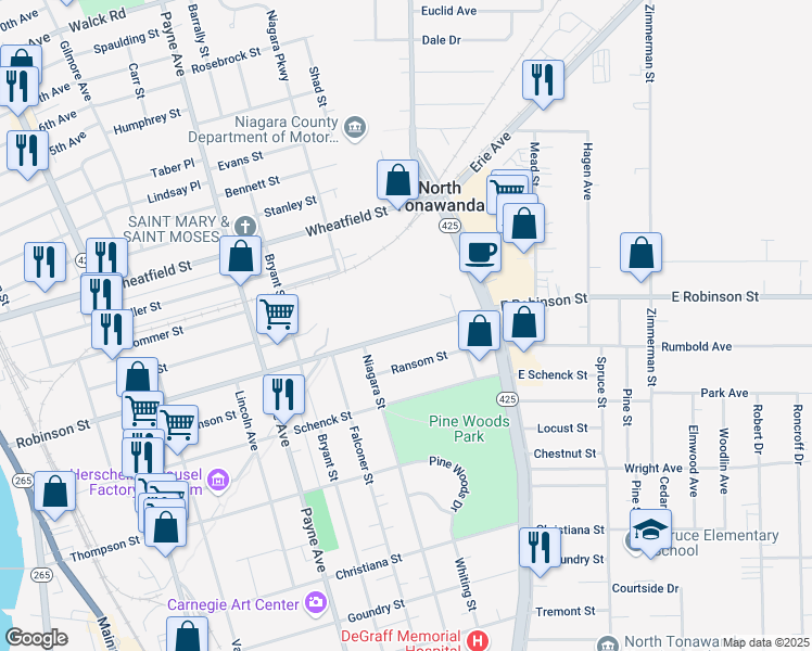 map of restaurants, bars, coffee shops, grocery stores, and more near 398 Robinson Street in North Tonawanda