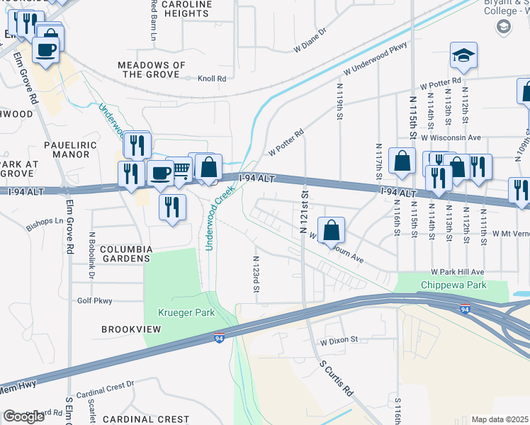 map of restaurants, bars, coffee shops, grocery stores, and more near 12307 West Dearbourn Avenue in Wauwatosa