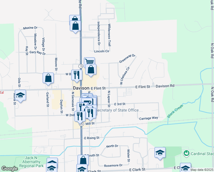 map of restaurants, bars, coffee shops, grocery stores, and more near 315 East Flint Street in Davison