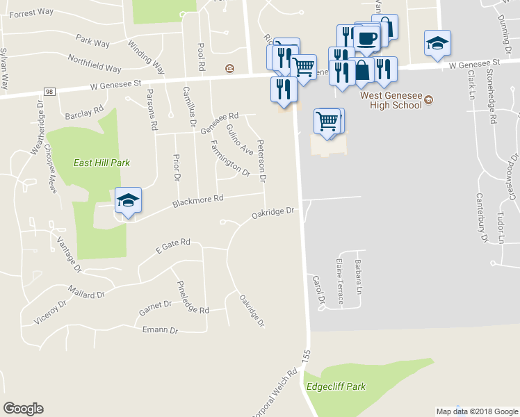 map of restaurants, bars, coffee shops, grocery stores, and more near 101 Peterson Dr in Camillus