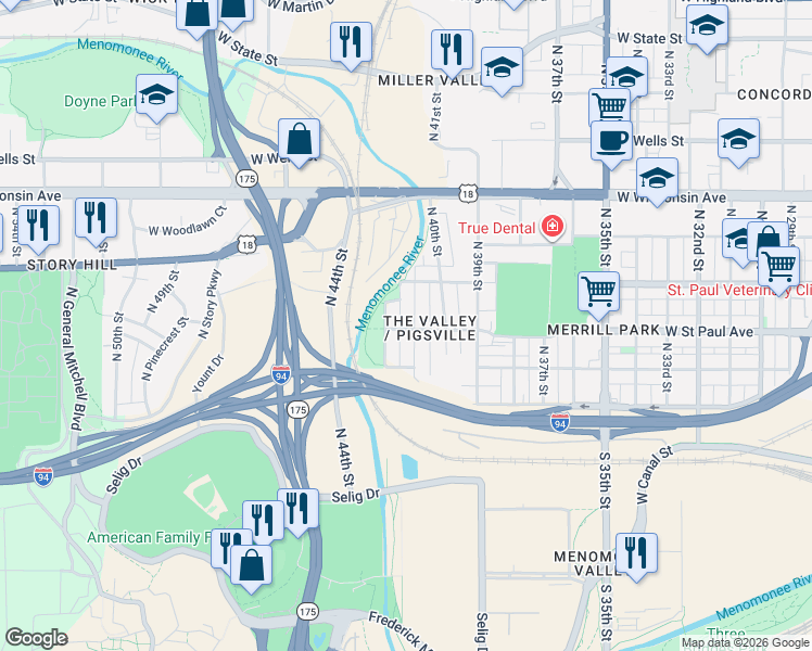 map of restaurants, bars, coffee shops, grocery stores, and more near 4124 West Saint Paul Avenue in Milwaukee