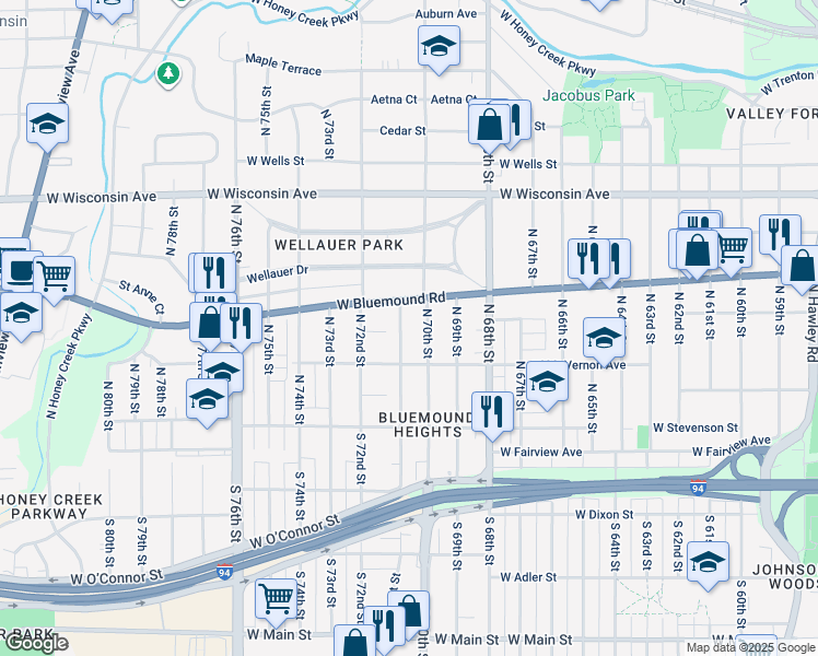 map of restaurants, bars, coffee shops, grocery stores, and more near 402 North 71st Street in Wauwatosa
