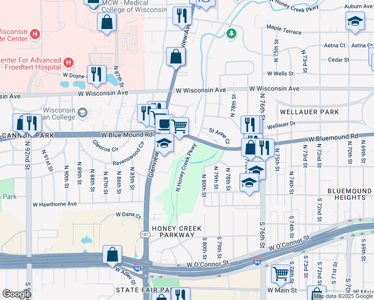 map of restaurants, bars, coffee shops, grocery stores, and more near 363 North Honey Creek Parkway in Milwaukee