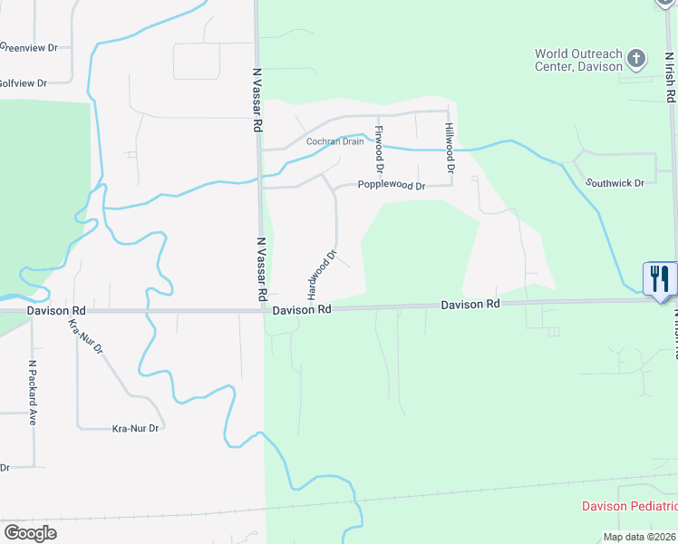 map of restaurants, bars, coffee shops, grocery stores, and more near 2072 Hardwood Circle in Davison
