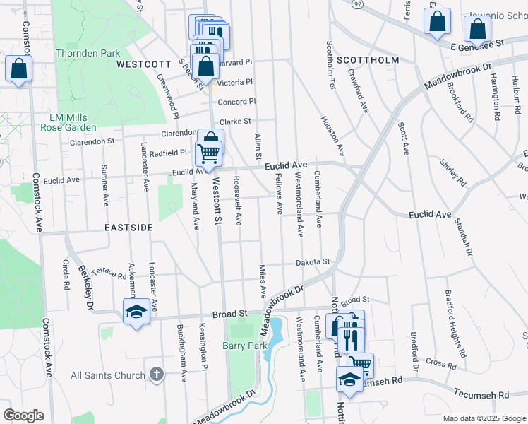 map of restaurants, bars, coffee shops, grocery stores, and more near 121-23 Miles Avenue in Syracuse