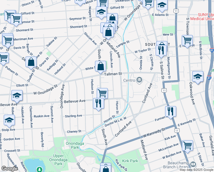 map of restaurants, bars, coffee shops, grocery stores, and more near 401-45 South Avenue in Syracuse