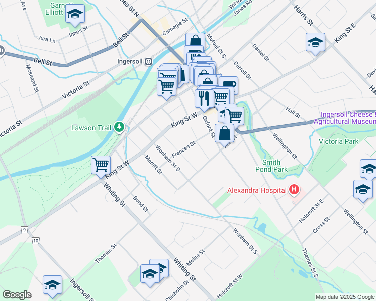 map of restaurants, bars, coffee shops, grocery stores, and more near 115 Frances Street in Ingersoll