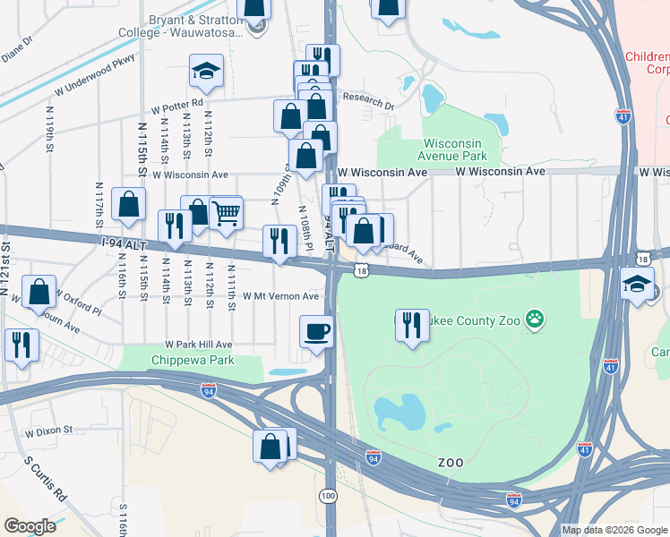 map of restaurants, bars, coffee shops, grocery stores, and more near W Blue Mound Rd & N Mayfair Rd in Wauwatosa