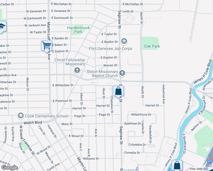 map of restaurants, bars, coffee shops, grocery stores, and more near 601 East Witherbee Street in Flint