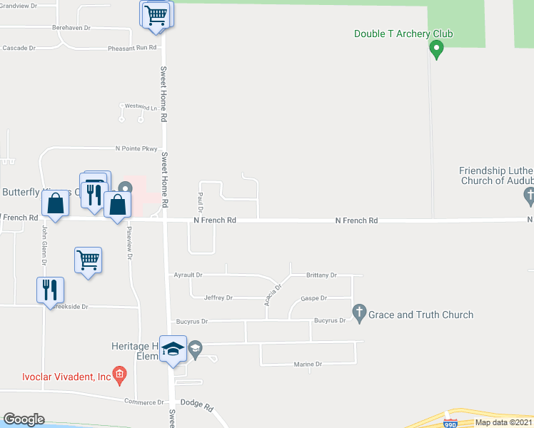 map of restaurants, bars, coffee shops, grocery stores, and more near 838 North French Road in Buffalo