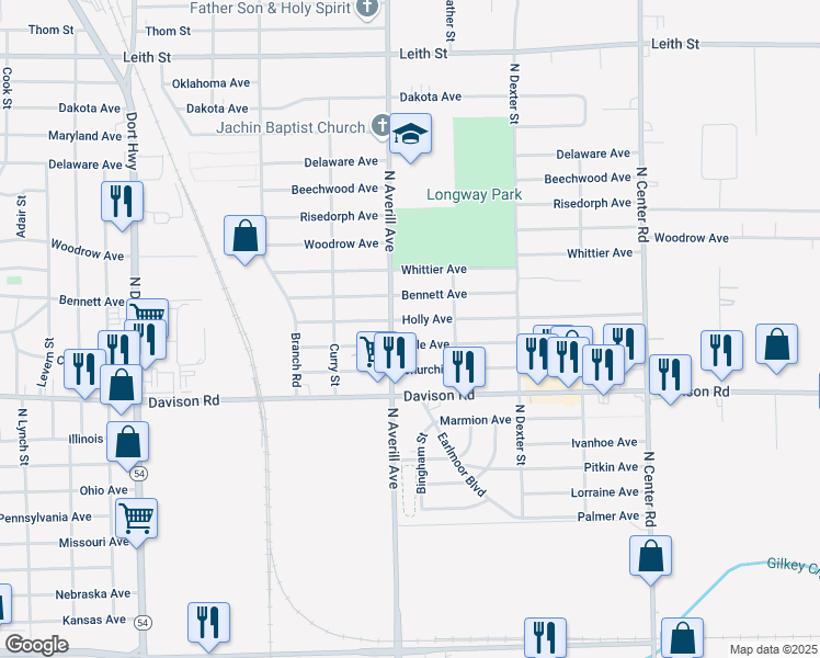 map of restaurants, bars, coffee shops, grocery stores, and more near 3316 Holly Avenue in Flint