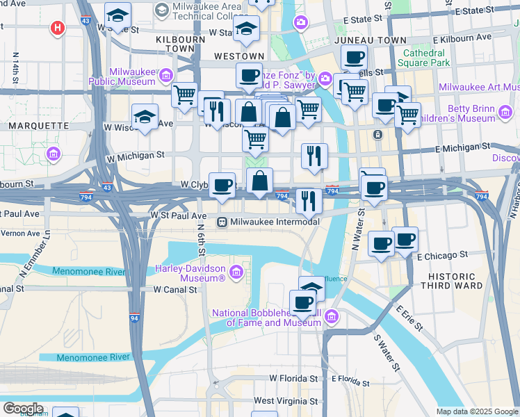 map of restaurants, bars, coffee shops, grocery stores, and more near 346 West Saint Paul Avenue in Milwaukee