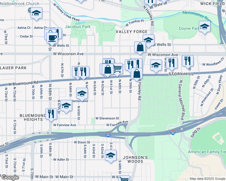 map of restaurants, bars, coffee shops, grocery stores, and more near 344 North 61st Street in Milwaukee