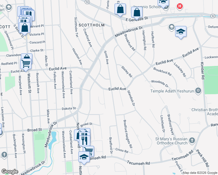 map of restaurants, bars, coffee shops, grocery stores, and more near 410 Scott Avenue in Syracuse