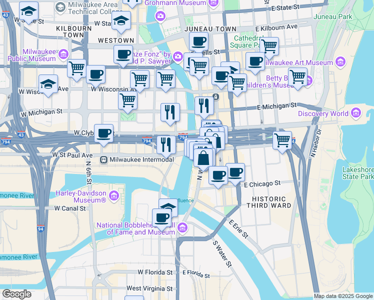 map of restaurants, bars, coffee shops, grocery stores, and more near 406 North Plankinton Avenue in Milwaukee